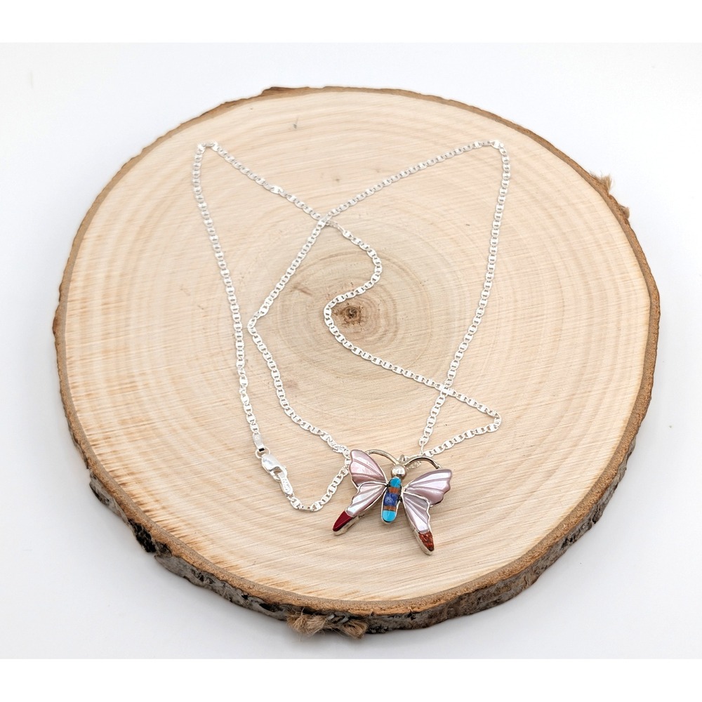 Zuni Sterling Silver Butterfly Inlay Necklace Turquoise Lapis Coral Stones ** - Picture 9 of 10